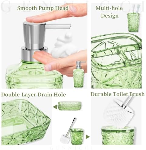 Bathroom Accessory Set, 9-Piece Green Bathroom Set with Trash Can, Toilet Brush, Soap Dispenser, Soap Dish, Toothbrush Holder, Tumbler, Q-tip Holders & Tray, for Hotel/Apartment, Housewarming Gift - Image 5