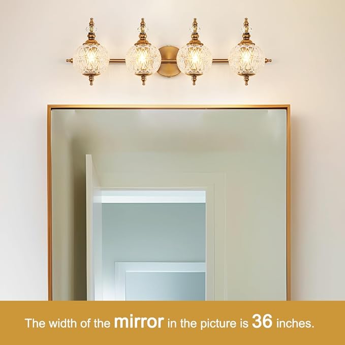 Brushed Gold Bathroom Vanity Light Fixture Vintage Style - 4 Light G9 Bulb Compatible, 30" Wide Bathroom Lighting Over Mirror with Hand-Etched Glass Shades, Easy Mount for Makeup Area