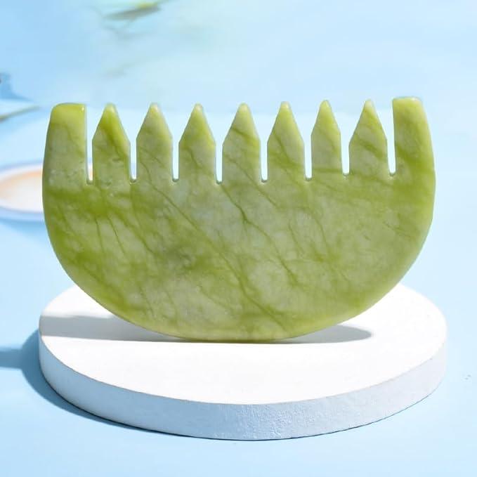 Gua Sha Comb - Moon Shape, Natural Jade Stone Scalp Massager for Head Hair Caring, Jade Guasha Scraping Massage Therapy Tool for Full Body Relax, Meridian Pressure Massager