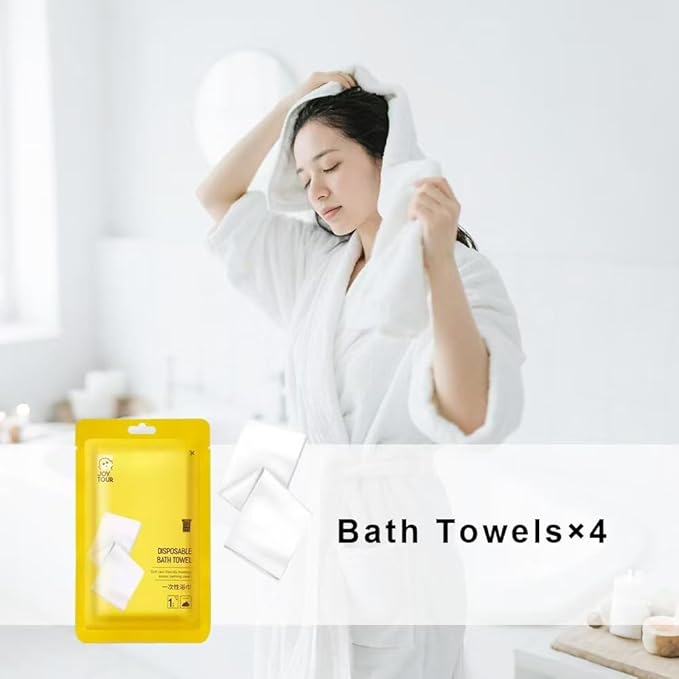 48pcs Disposable Travel Set: Bed Sheet*2 Duvet Cover*2 Pillow case*4 Bath Towels*4 Shower Caps*4 Plastic Bathtub Bag*5 Toilet Seat Covers*4 Compression face Towel*15 Toothbrushes*4 Slippers*4