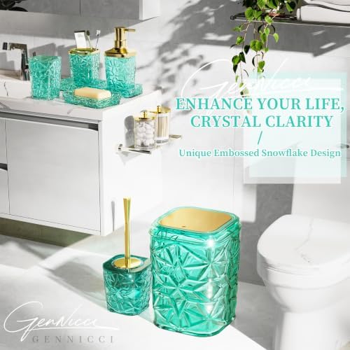 Bathroom Accessory Set, 9-Piece Teal Bathroom Set with Trash Can, Toilet Brush, Soap Dispenser, Soap Dish, Toothbrush Holder, Tumbler, Q-tip Holders & Tray, for Hotel/Apartment, Housewarming Gift - Image 2