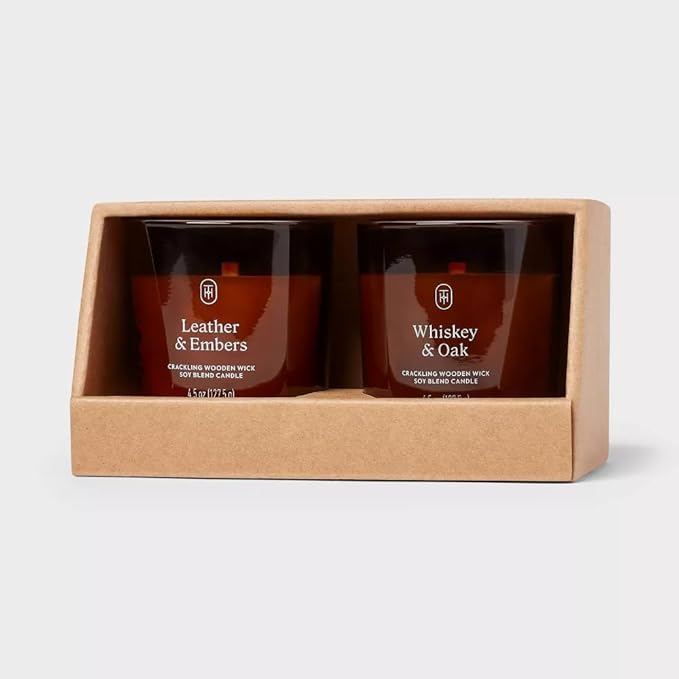 Threshold Leather & Embers and Whiskey & Oak Scented Amber Glass Jar Candles, 4.5 oz, Set of 2