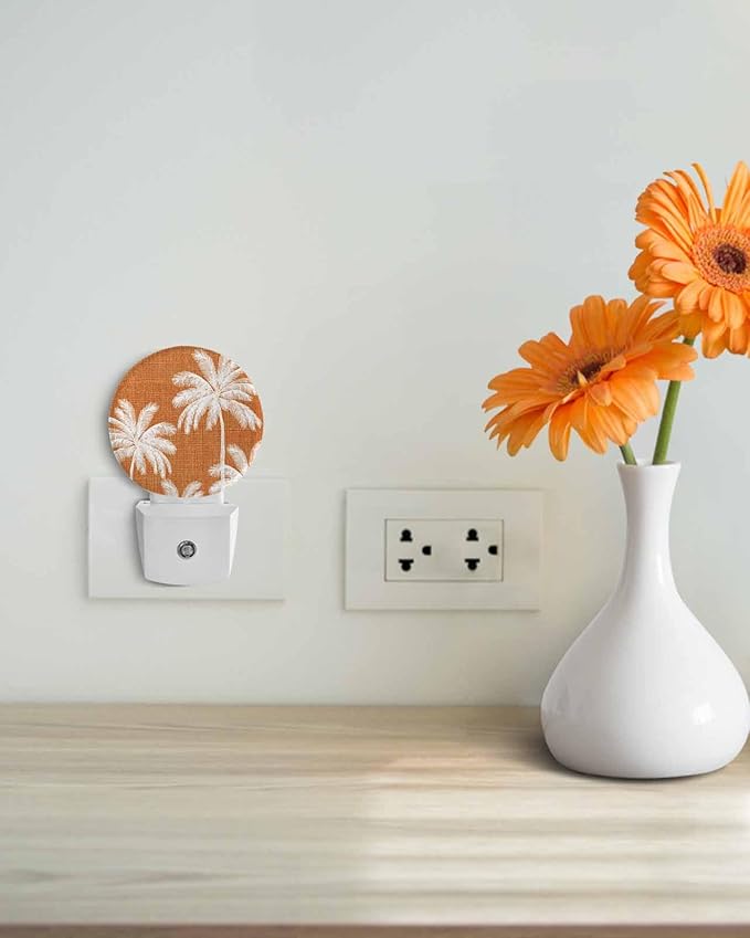 Night Lights Auto Sensor Tropical Palm Trees Night Light Orange Linen Coastal Round Lamp Plug-in LED Nightlights Dusk to Dawn for Living Room Bedroom Bathroom Hallway Wall Decor
