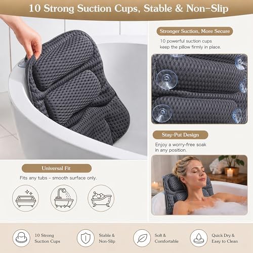 Luxury Bath Pillow for Tub, with 10 Strong Suction Cups, Non-Slip Bathtub Pillow for Head Neck & Back Support, Extra Large 21” Spa Bath Pillow, 4D Air Mesh Quick-Dry, Gift for Women(Grey) - Image 2
