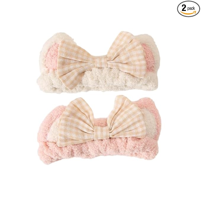 PERFECTSIGHT Kawaii Headband for Spa, Makeup, Washing Face, Party - 2 Pack Cute Cat Ear Hair Band for Shower Beauty Skincare, Soft Facial Headbands for Girls and Women (White+Pink Bow)