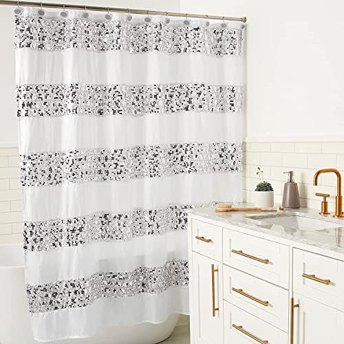 Zahari Home Sinatra Bathroom Shower Curtain Set - 13pc Classic White Shower Curtain & Hooks - Unique Design - Image 2