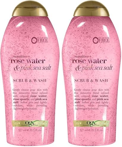 OGX Sensitive + Rose Water & Pink Sea Salt Exfoliating Body Scrub + Rose Quartz, Gentle Exfoliating Daily Body Wash Softens Skin, Body Scrub for Women, Sulfate-Free Surfactants, 19.5 fl oz (Pack of 2) by OGX