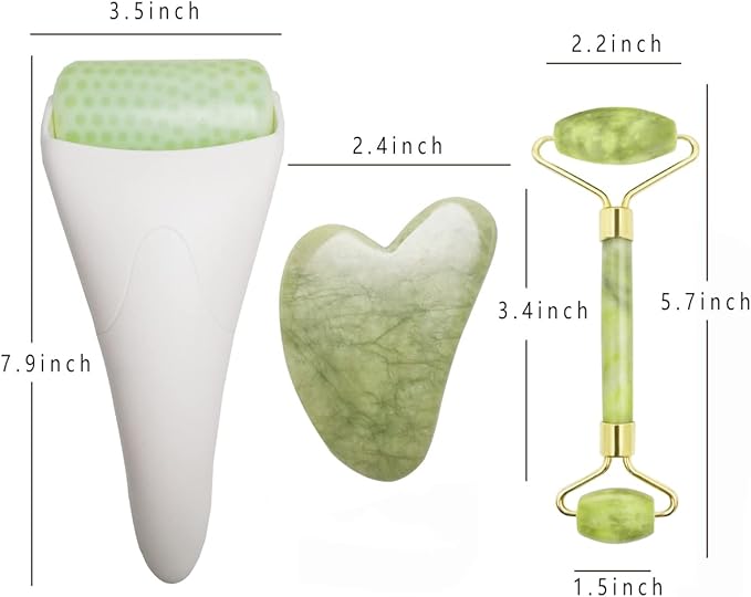Chikoni 3 in 1 Ficial Face Ice Jade Roller and Gua Sha Tool, Natural Real Jade Anti-Wrinkle Face Eye Neck Massager Tool, Reduce Wrinkles, Puffiness, Migraine, Redness, Pain and Injury