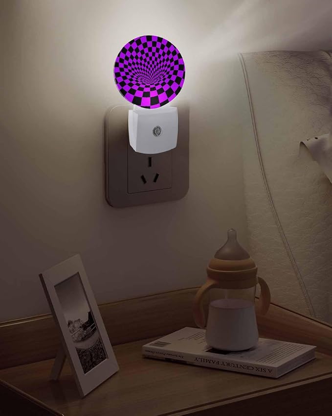 Night Lights Auto Sensor Purple Black Checker Night Light 3D Abstract Mosaic Tiles Round Lamp Plug-in LED Nightlights Dusk to Dawn for Living Room Bedroom Bathroom Hallway Wall Decor