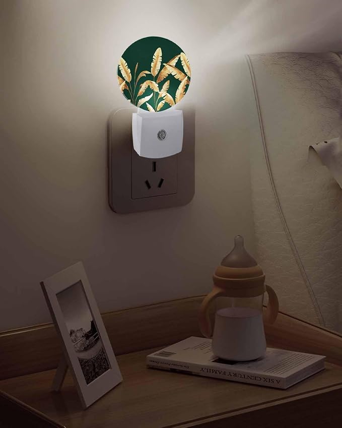 Night Lights Auto Sensor Golden Foliage Night Light Green Minimalist Leaf Round Lamp Plug-in LED Nightlights Dusk to Dawn for Living Room Bedroom Bathroom Hallway Wall Decor