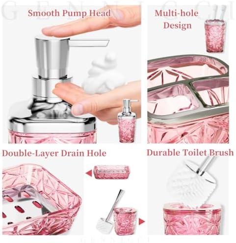 Bathroom Accessory Set, 9-Piece Pink Bathroom Set with Trash Can, Toilet Brush, Soap Dispenser, Soap Dish, Toothbrush Holder, Tumbler, Q-tip Holders & Tray, for Hotel/Apartment, Housewarming Gift - Image 5
