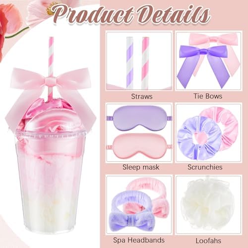 Nitial 56 Pcs Spa Sleepover Party Supplies Including Headband Sleep Eye Mask Velvet Scrunchies Bath Loofah Sponges Plastic Cup with Lids Straws for Girls' Night Birthday Party (Pink Purple) - Image 3