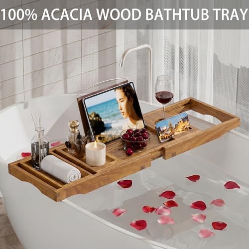 Bathtub Tray Caddy, Expandable Acacia Wood Bath Tray for Tub - Image 2