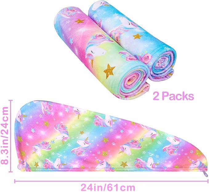 FIOBEE Microfiber Hair Towel Wrap for Kid Rapid Drying Towel Absorbent Hair Turbans for Wet Hair with Button Women Girls Long Curly Hair Pack of 2, Rainbow