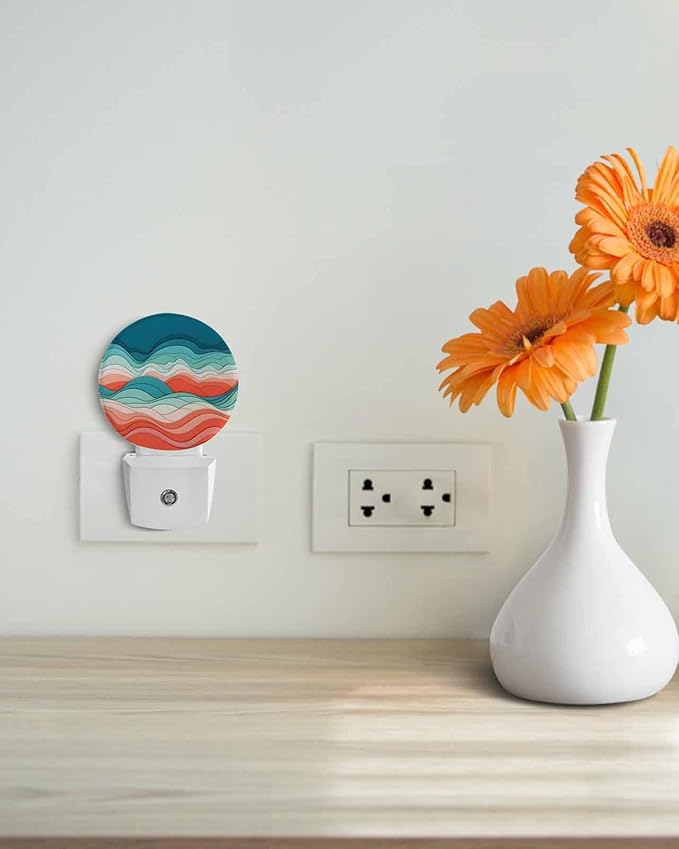 Night Lights Auto Sensor Ombre Turquoise Pink Night Light Abstract Mountain Waves Lines Round Lamp Plug-in LED Nightlights Dusk to Dawn for Living Room Bedroom Bathroom Hallway Wall Decor