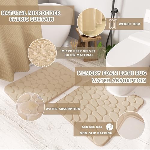 XLHOMO Bathroom Set - Bathroom Sets with Shower Curtain and Rugs, Beige - Image 6