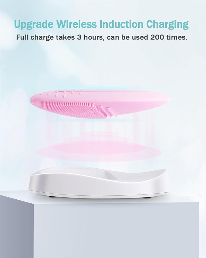 EZBASICS Facial Cleansing Brush Made with Ultra Hygienic Soft Silicone, Waterproof Sonic Vibrating Face Brush for Deep Cleansing, Gentle Massaging, Inductive Charging (Pink) 1 Pack+5 Speed Settings