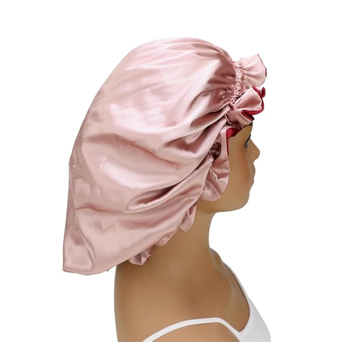 Adjustable Silk Satin Bonnet Hair Care Caps for Women Girls Loose-fitting Reversible Sleeping Cap Shower Caps Hair Wrap Bonnets (001 Wine/Blush)