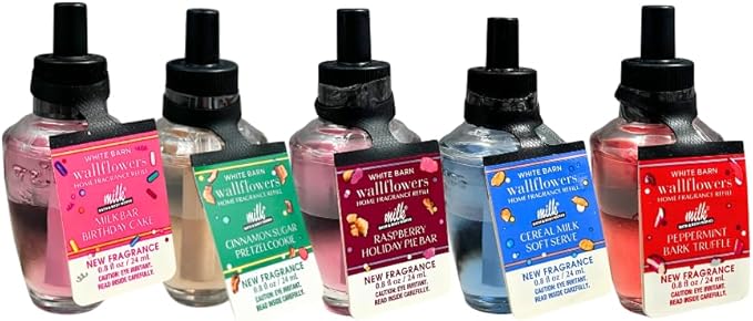 Bath & Body Works Wallflowers Refills MILK BAR Collection 2025 5pc Gift Set w/ 30-Inch Metallic Gold & Silver Striped Bow – Birthday Cake, Cereal Milk, Raspberry Pie, Peppermint Bark & Cinnamon Sugar