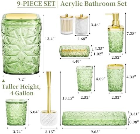 Bathroom Accessory Set, 9-Piece Green Bathroom Set with Trash Can, Toilet Brush, Soap Dispenser, Soap Dish, Toothbrush Holder, Tumbler, Q-tip Holders & Tray, for Hotel/Apartment, Housewarming Gift - Image 7