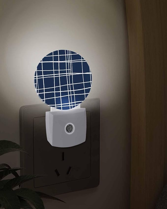 Night Lights Auto Sensor Navy Blue Checked Plaid Night Light Minimalist Grid Lines Round Lamp Plug-in LED Nightlights Dusk to Dawn for Living Room Bedroom Bathroom Hallway Wall Decor