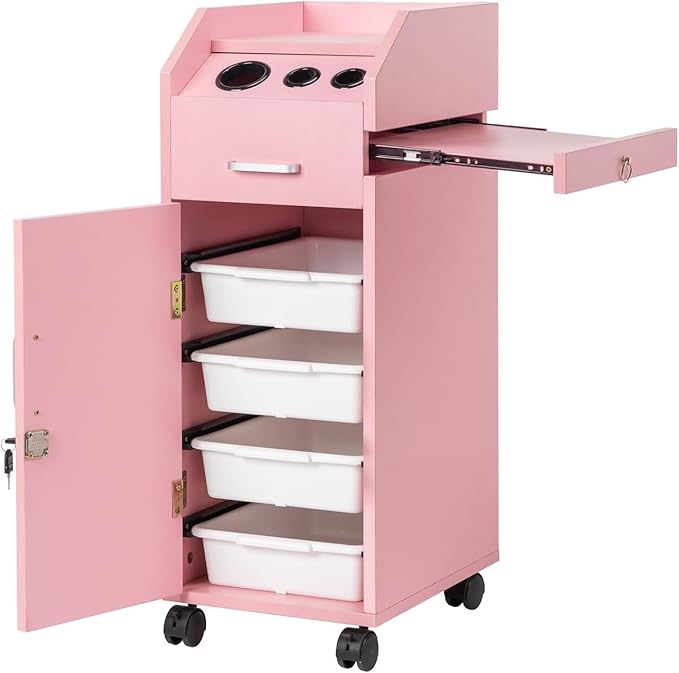 Modern Styling Station Cart for Hair Stylist,Wooden Hair Salon Station Storage Cabinet,Beauty Salon Storage Equipment,Beauty Spa Tool Organizer,with Wheels,for Barber Shop, Home, Bathroom (Pink)