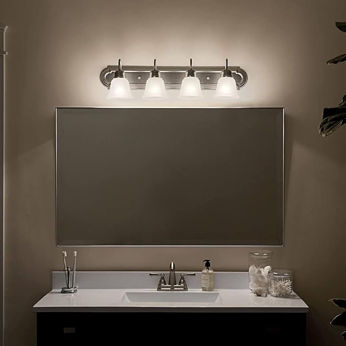Kichler 5338TZS 30" 4-Light Bathroom Vanity Light Fixture with Satin Etched Glass, Traditional Design in Tannery Bronze for over Mirror Lighting (30" x 8" x 8")