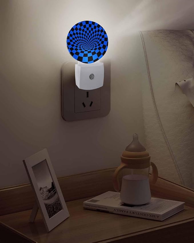 Night Lights Auto Sensor Blue Black Checker Night Light 3D Abstract Mosaic Tiles Round Lamp Plug-in LED Nightlights Dusk to Dawn for Living Room Bedroom Bathroom Hallway Wall Decor
