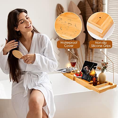 Foldable Bathtub Tray Caddy with Soap Dish Adjustable 29.5-43''Beige - Image 5