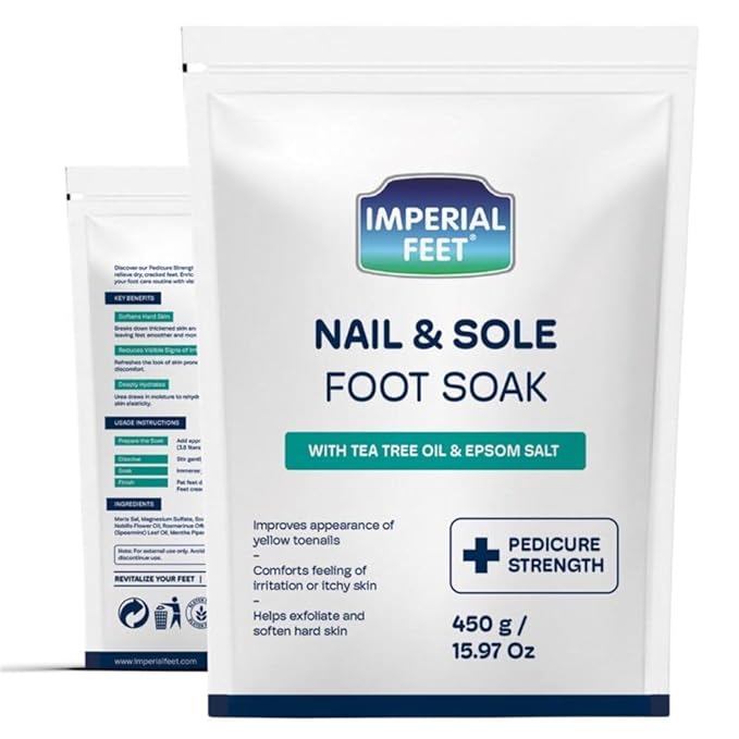 Imperial Feet Epsom Salt Foot Soak (PEDICURE GRADE)-Toenail Repair, Fungus Athletes Foot, Softens Calluses, Tired Feet & Nail Discoloration Foot Soak Salts with Tea Tree Oil 16oz (Green Fungal)