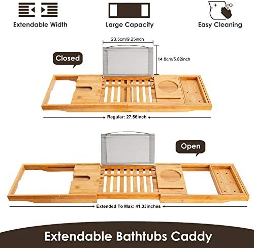 Moclever Bathtub Caddy Trays - Premium Bamboo Bath Trays with Extending Sides, Reading Rack, Tablet Holder, Cell Phone Tray and Luxury Wine Glass Holder - Natural Bamboo Color - Image 3