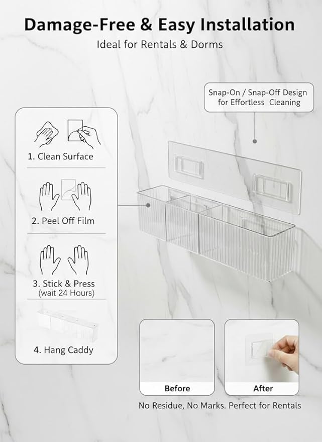 [2-Pack 14" Extra Long Slim Bathroom Organizer, 2.3" Deep Wall Mounted Shelves for Skincare & Makeup, Narrow Vanity Side Shelf with 6.9" Sheet Mask Section, Crystal Clear Ribbed, No-Drill
