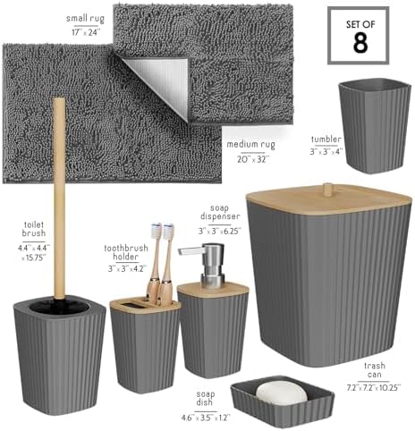 Clara Clark Bathroom Set - Grey Bathroom Accessories Set, 6PC Bathroom Accessory Set, Bathroom Sets with Bathroom Rugs, Toilet Brush, Trash Can & Soap Dispenser - Image 2