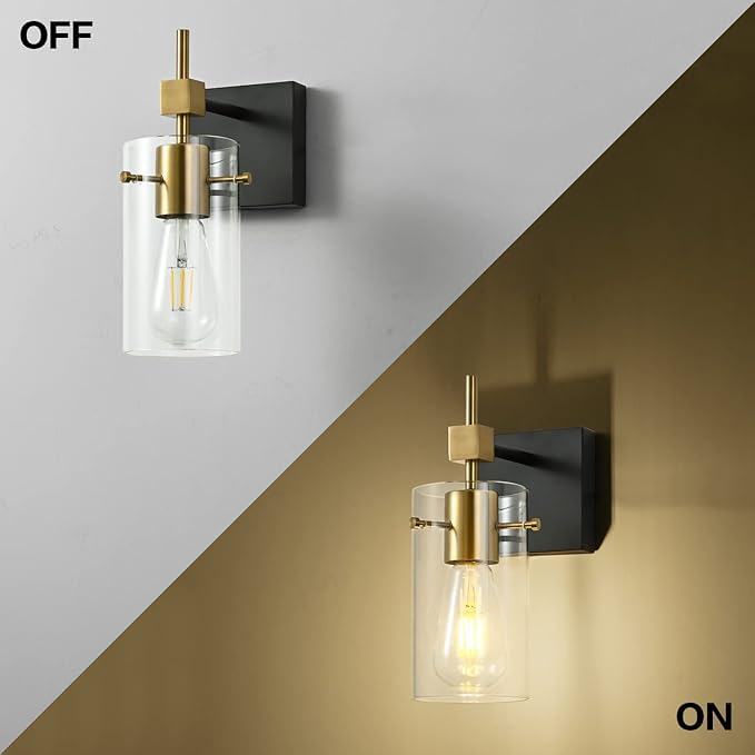 SOLFART 1 Light Vintage Vanity Light Bathroom Light Fixture Over Mirror for Bath Glass Shade Wall Light Black and Brass Lighting Fixture