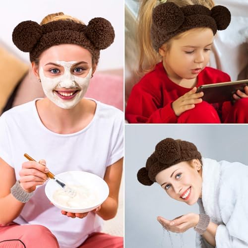 AHONEY Spa Bear Ears Headband, Face Wash Headband and Wristband Set, Cute Makeup Skincare Headbands Wrist Bands for Washing Face for Women Girls Elastic Hair Band (Brown) - Image 7