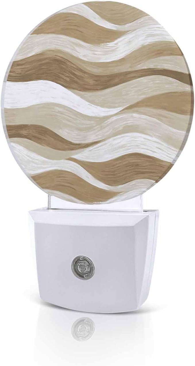 Night Lights Auto Sensor Brown Ocean Waves Night Light Abstract Mountain Stripes Round Lamp Plug-in LED Nightlights Dusk to Dawn for Living Room Bedroom Bathroom Hallway Wall Decor