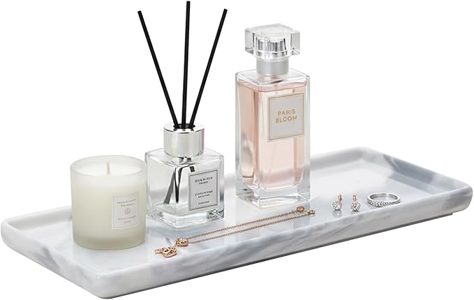 Bathroom Counter Organizer, 9.3"x3.7" Ceramic Bathroom Tray, Rectangle Decorative Tray Vanity Tray, Candles Perfume & Jewelry Storage for Spa, Bedroom, Kitchen (Marble Gray)