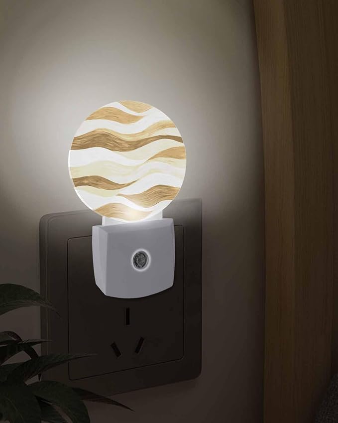 Night Lights Auto Sensor Brown Ocean Waves Night Light Abstract Mountain Stripes Round Lamp Plug-in LED Nightlights Dusk to Dawn for Living Room Bedroom Bathroom Hallway Wall Decor