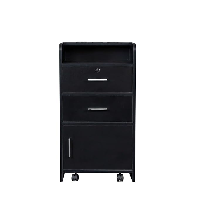 SSLine Modern Salon Station Black Floor Stand Styling Sation Wood Salon Cabinet for Hair Stylist Barber Shop Classic Beauty Spa Storage Table with Drawers,Cupboard and Tool Insert Holes