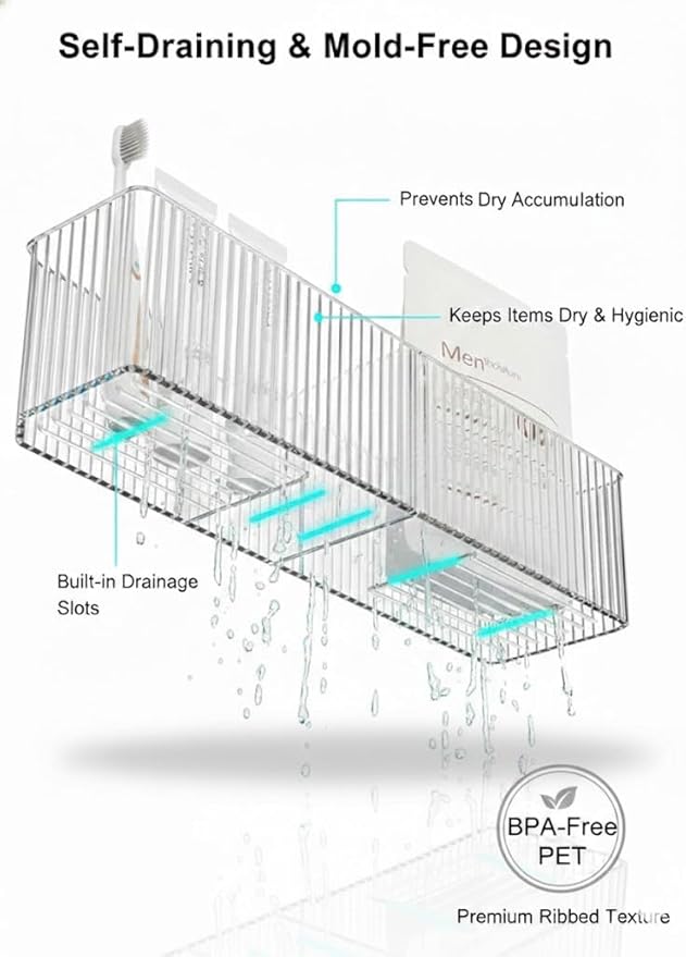 [2-Pack 14" Extra Long Slim Bathroom Organizer, 2.3" Deep Wall Mounted Shelves for Skincare & Makeup, Narrow Vanity Side Shelf with 6.9" Sheet Mask Section, Crystal Clear Ribbed, No-Drill