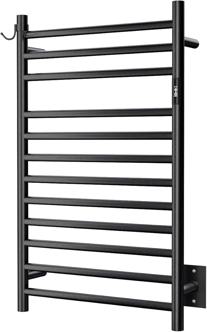 Wall Mounted Towel Warmer 12 Bars with Plug-in and Hardwired Options 3 Working Modes Black Stainless Steel 21” W 34” H