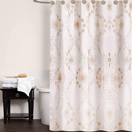 Zahari Home 13pc Rose Vine Bathroom Sheer Shower Curtain Sets Sheer Shower Curtain & 12 Shower Bathroom Hooks Modern Classic Luxury Contemporary Decor Beige Shower Curtain Set - Image 2