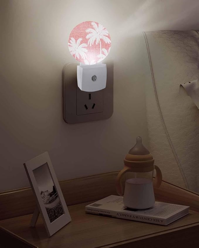 Night Lights Auto Sensor Tropical Palm Trees Night Light Rose Pink Linen Coastal Round Lamp Plug-in LED Nightlights Dusk to Dawn for Living Room Bedroom Bathroom Hallway Wall Decor