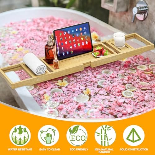 Premium Bathtub Tray - Expandable Bamboo Wooden Bath Trays for Bathub - Bath Tub Table Tray for Bathtub/Tub,Adjustable Size, Fits Most Tubs - Image 4