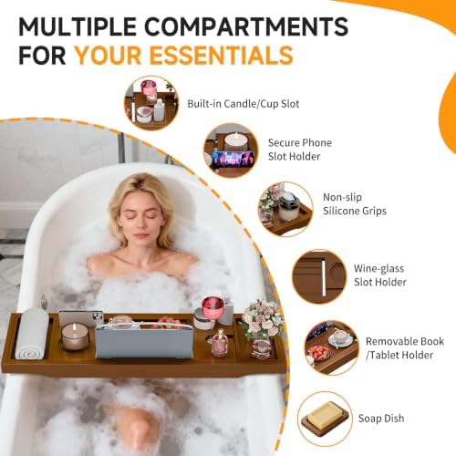 Foldable Bathtub Tray Caddy with Soap Dish Adjustable29.5-43''Walnut - Image 2