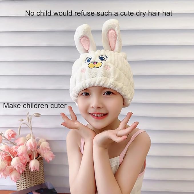 Animal Hair Drying Towel Caps, 2Pcs White Rabbit Girls Hair Dry Wrap Women Absorbent Turban Towel, Cute Children Hair Drying Wrap as Gift