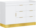 OmySalon Salon Station for Stylists, Free Standing Barber Vanity with 6 Drawers, 1 Cabinet & Adjustable Shelves, Large Storage Hair Beauty Furniture for Barbershop, White Gold