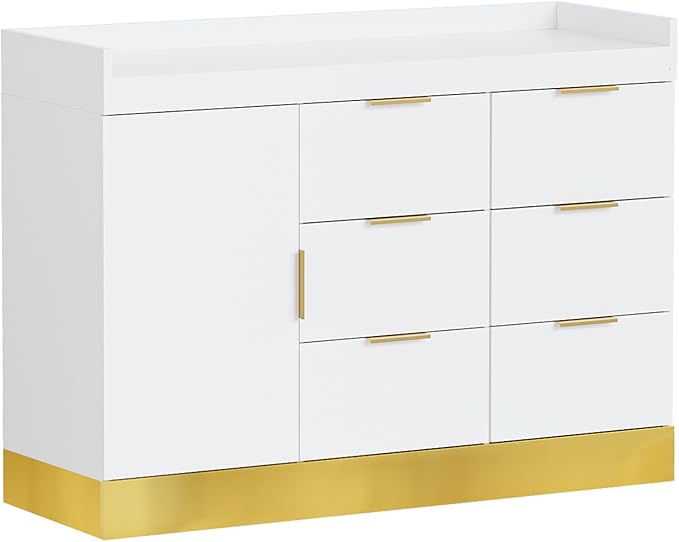 OmySalon Salon Station for Stylists, Free Standing Barber Vanity with 6 Drawers, 1 Cabinet & Adjustable Shelves, Large Storage Hair Beauty Furniture for Barbershop, White Gold
