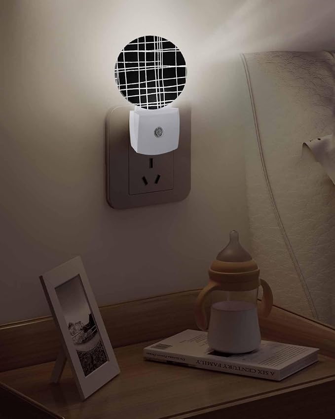 Night Lights Auto Sensor Black Checked Plaid Night Light Minimalist Grid Lines Round Lamp Plug-in LED Nightlights Dusk to Dawn for Living Room Bedroom Bathroom Hallway Wall Decor