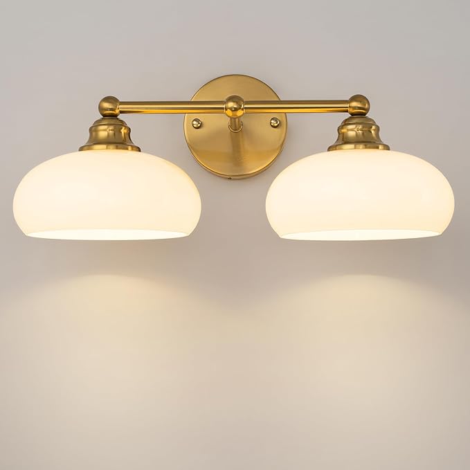GoYeel Bathroom Light Fixtures Over Mirror, Vintage Gold Double Arm Vanity Lighting Fixtures 2 Light Antique Wall Light Fixture with Glossy Milk White Glass Shade for Bathroom, E26 Base